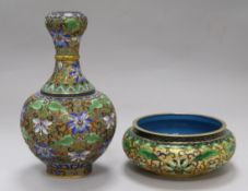 A Chinese cloisonne enamel vase and a dish vase height 21cm