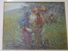 20th century Continental School, two oils on canvas, 'Flower sellers' and 'Figures working in a