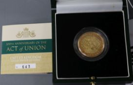 A Royal Mint 300th anniversary of the Act of Union gold two pound coin 2007, no. 643 of 750, 15.