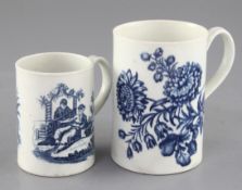 A Caughley blue and white floral spray pattern mug, c.1780 and a Worcester La Peche / Le Promenade