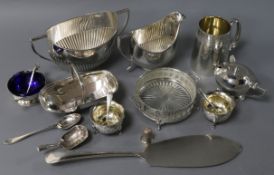 Mixed silver, to include a 19th silver caddy spoon, a silver cream and sugar, four silver