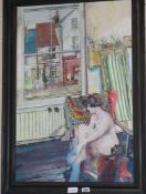 John Blight, oil or acrylics on board, seated woman dressing by a window, signed and dated '92 74