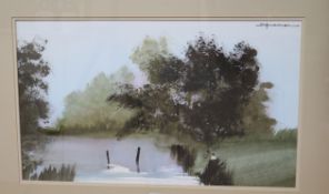 Jim Spencer, watercolour, figures by a lake, 36.5 x 62cm
