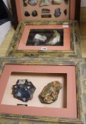 A framed display containing a Paleolithic Henley Pit chopper core and Moortown Pit handaxe and two