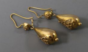 A pair of Victorian yellow metal and cannetile work pear shaped drop earrings, 29mm.