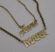 Two 9ct gold 'identity' pendant necklaces, "Mark" and "June".