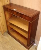 An Edwardian style banded mahogany open fronted bookcase W.95cm