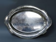 A Gorham sterling silver tray of shaped oval form, with moulded rim and engraved initials to centre,
