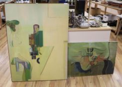 Robin Rudge, two oils, abstracts 122 x 91.5cm and 61.5 x 91.5cm