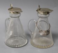 Two George V silver mounted glass whisky tot jugs by Mappin & Webb, Birmingham, 1924, one with a