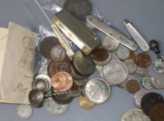 A small collection of English silver and other coins and sundries, including two 1887 double florins