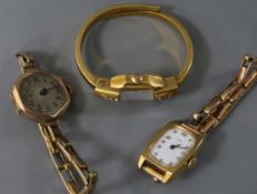 A lady's 9ct gold wrist watch on 9c bracelet and two other lady's wrist watches, one on a 9ct gold