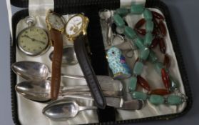 A set of silver spoons, jewellery, watches etc.