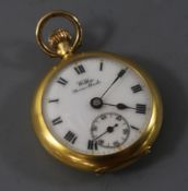 An early 20th century continental 14k gold and enamel Wilka fob watch, the case back decorated