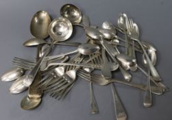 A Victorian silver fiddle pattern tablespoon and sundry silver flatware, etc., including a silver