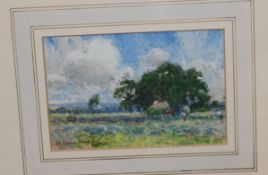 Samuel John Lamorna Birch, watercolour, 'The Harvesters', signed, 11 x 17cm