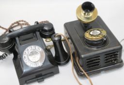 A 1920s 'long distance' telephone and a black Bakelite GPO phone.