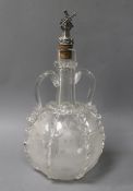 A 1920's Dutch etched two handled glass decanter with silver mounted stopper, 26.9cm.