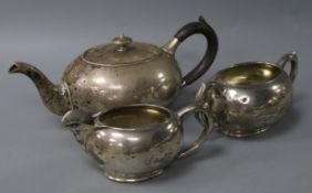 A Birks three-piece sterling silver tea service of compressed oval form, comprising teapot, milk jug