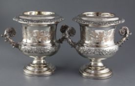 A pair of 19th century Old Sheffield plate Campana vase shaped wine coolers and liners, with