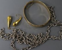 A pair of 9ct gold drop earrings, a silver necklace and a gold plated bangle.