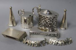 A late Victorian silver mustard, a silver match sleeve and six plated items including pair of wine