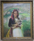 Greek School, oil on board, portrait of a girl in an orchard, indistinctly signed and dated 1937