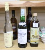 Six bottles: Pusser's Rum 54.5%, Havana Club Anejo 7 yo, Poire Williams, Glenfiddich 15 Sloera