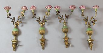 A set of six ormolu, simulated marble and porcelain twin branch wall lights, with rose sconces and