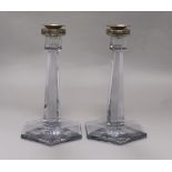A pair silver mounted and glass candlesticks height 24cm