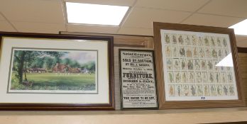 Bill of Sale framed poster, a Dickens cigarette card picture, a cricket scene picture and Seaford