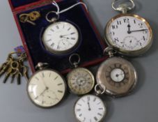 A Waltham keyless silver half-hunter pocket watch and five other pocket watches, including a