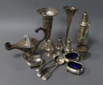 A silver 'Aladdin's lamp' table lighter, Birmingham 1926, a silver tot and sundry items, the tot