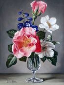 James Noble (1919-1989)oil on canvasPink, white and blue flowers in a glasssigned, Stacy Marks label