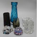 A Whitefriars paperweight, two vases and other Art glass