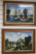 A pair of Victorian primitive school reverse glass paintings, views of a church and a castle,