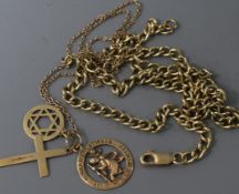 A 9ct gold St Christopher pendant, a cross and a Star of David on fine gold chain and a curb-link