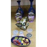 A Moorcroft Hibiscus dish, a pair of Noritake vases, a pair of powder blue vases, a studio pottery