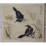 Three Chinese scroll pictures and an embroidery