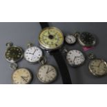A diver's watch, seven assorted pocket watches including Jaeger military and a fob watch.