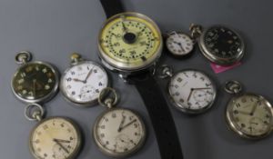 A diver's watch, seven assorted pocket watches including Jaeger military and a fob watch.