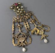 A pair of antique rose gold and pearl drop earrings of openwork form with classical motifs,