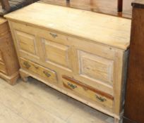 A late 18th century stripped pine mule chest W.121cm