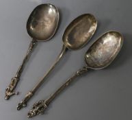 Two 19th century Dutch? silver 'apostle' spoons, with angular stems and rat tail bowls, stamped on
