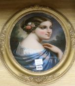 A 19th century reverse glass painting of a portrait of a young woman, gilt framed to the oval 41 x