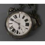 A late Victorian silver pocket watch, on a silver albert chain.