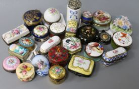 A collection of decorative porcelain and enamel patch boxes, etc., including a Bilston 'Swansea'