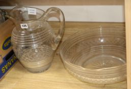 A Victorian hobnail and ribbed cut glass toilet bowl and jug