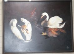 K. Lee, acrylic on board, "Swans" and a silk framed abstract 90.5 x 121cm