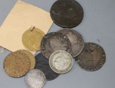 A 1798 spade guinea, two James I shillings and a Queen Anne half crown 1707 E